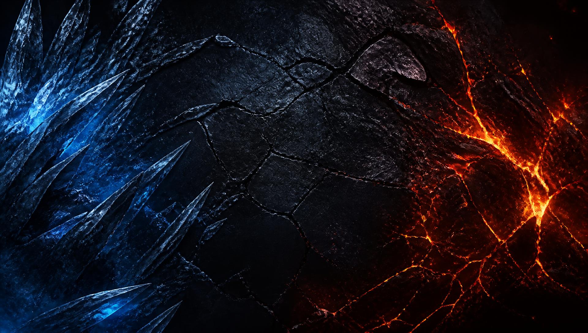 Black metallic rock split between blue ice shards and orange lava cracks